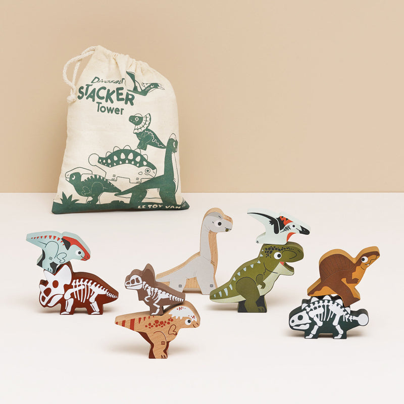 Petilou Wooden Jurassic Stacking Dinosaurs & Bag Gift Set