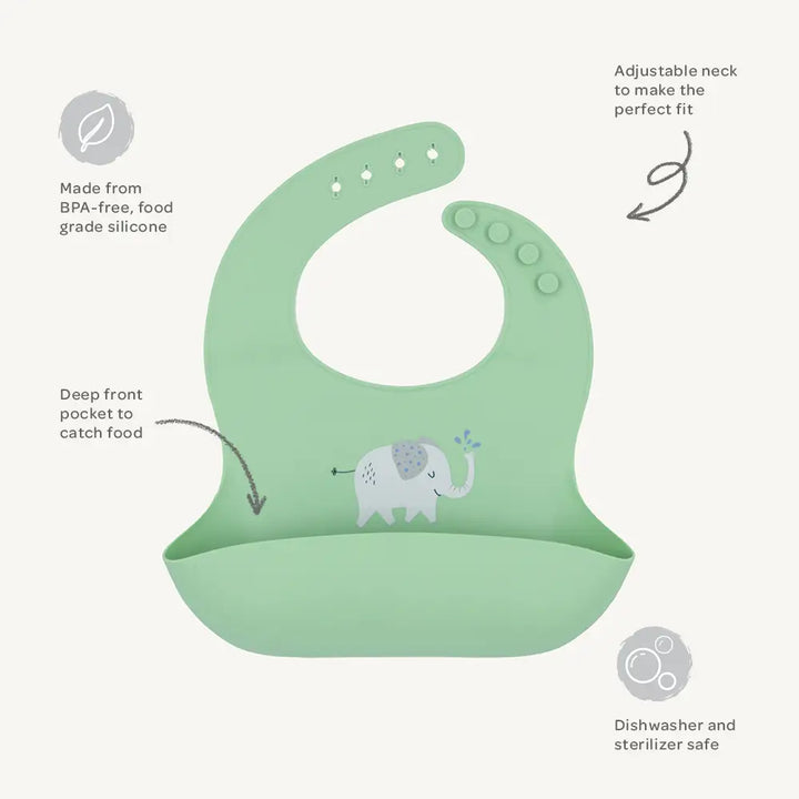 Silicone Pocket Catch Bib - Sage Elephant