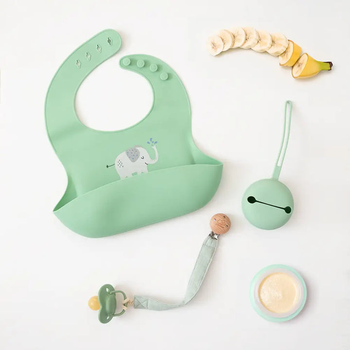 Silicone Pocket Catch Bib - Sage Elephant
