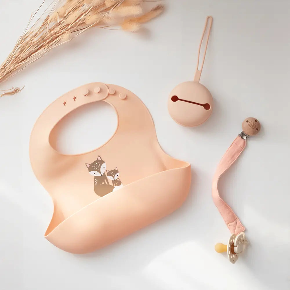 Silicone Pocket Catch Bib - Blush Fox