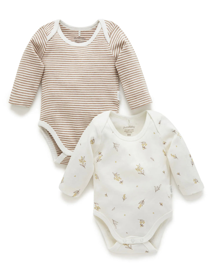 Purebaby Organic Easy Neck Long Sleeve Bodysuit 2 Pack - Vanilla Wattle Bee