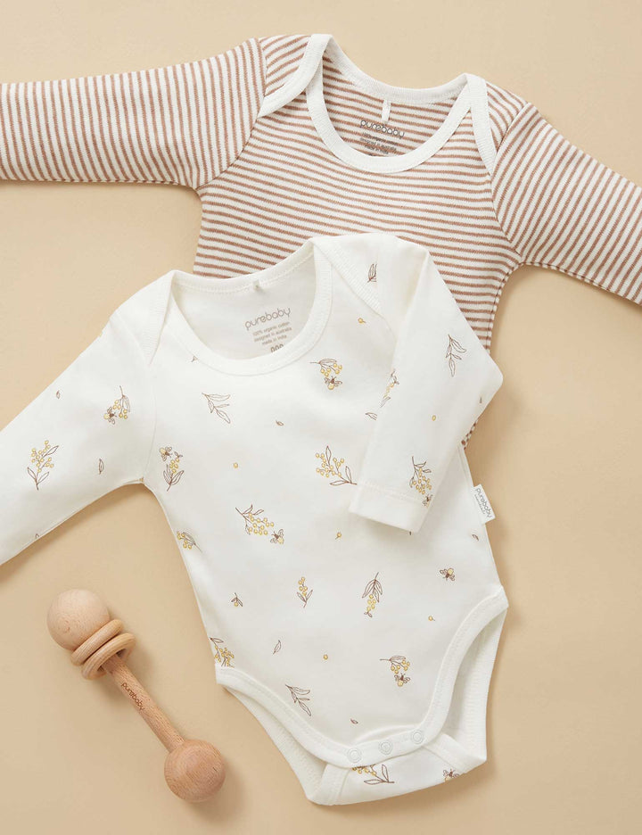 Purebaby Organic Easy Neck Long Sleeve Bodysuit 2 Pack - Vanilla Wattle Bee