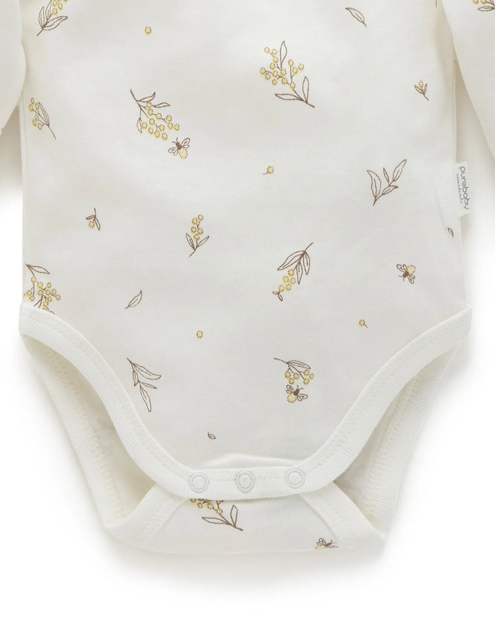 Purebaby Organic Easy Neck Long Sleeve Bodysuit 2 Pack - Vanilla Wattle Bee