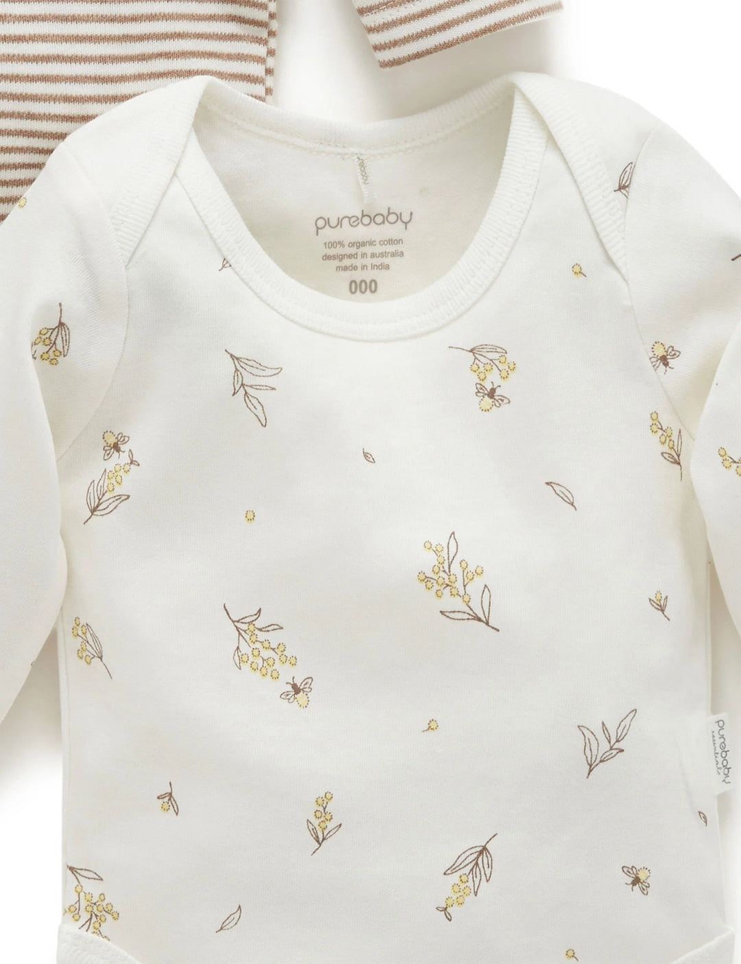 Purebaby Organic Easy Neck Long Sleeve Bodysuit 2 Pack - Vanilla Wattle Bee