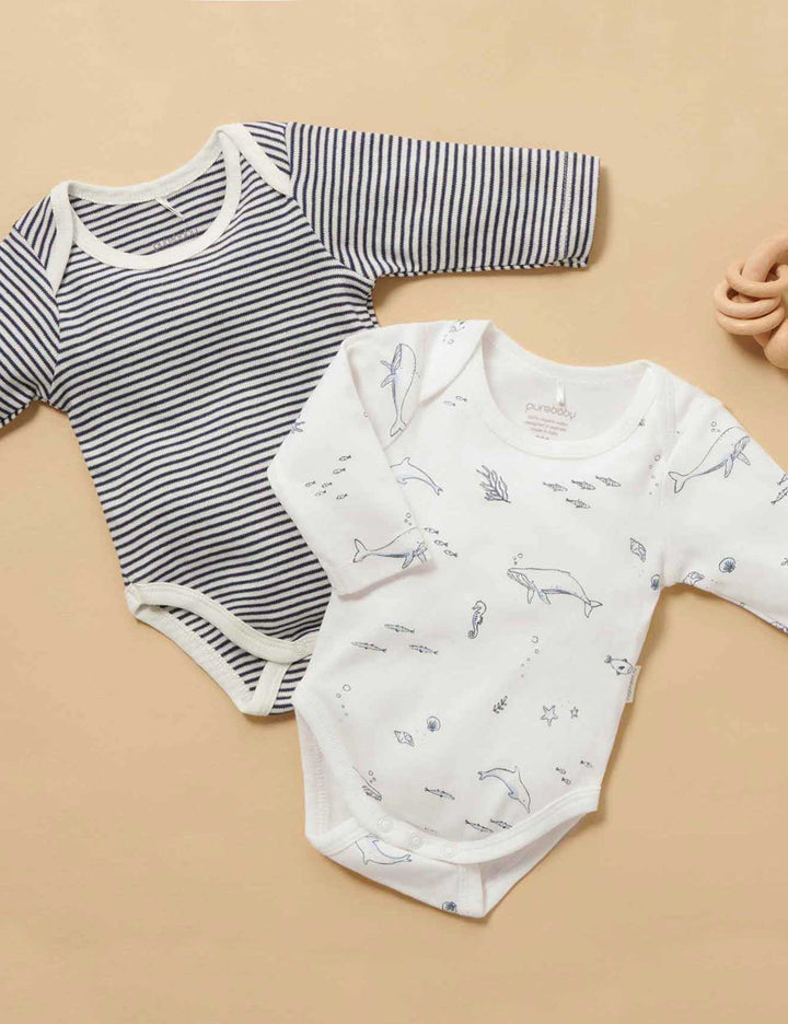 Purebaby Organic Easy Neck Long Sleeve Bodysuit 2 Pack - Vanilla Nautical