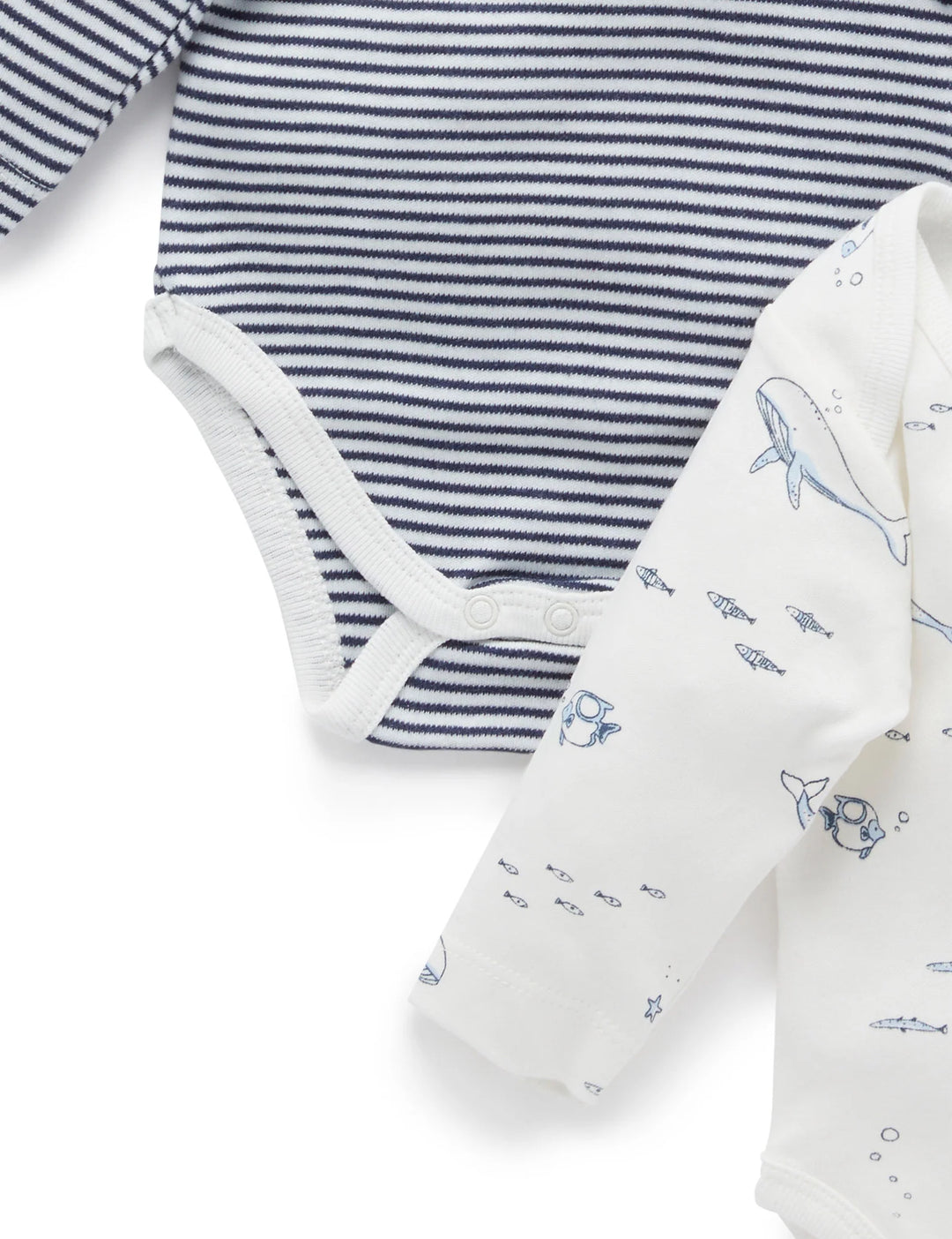 Purebaby Organic Easy Neck Long Sleeve Bodysuit 2 Pack - Vanilla Nautical
