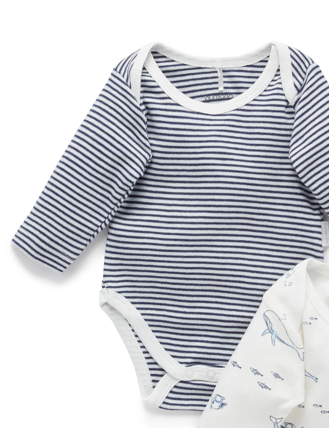 Purebaby Organic Easy Neck Long Sleeve Bodysuit 2 Pack - Vanilla Nautical
