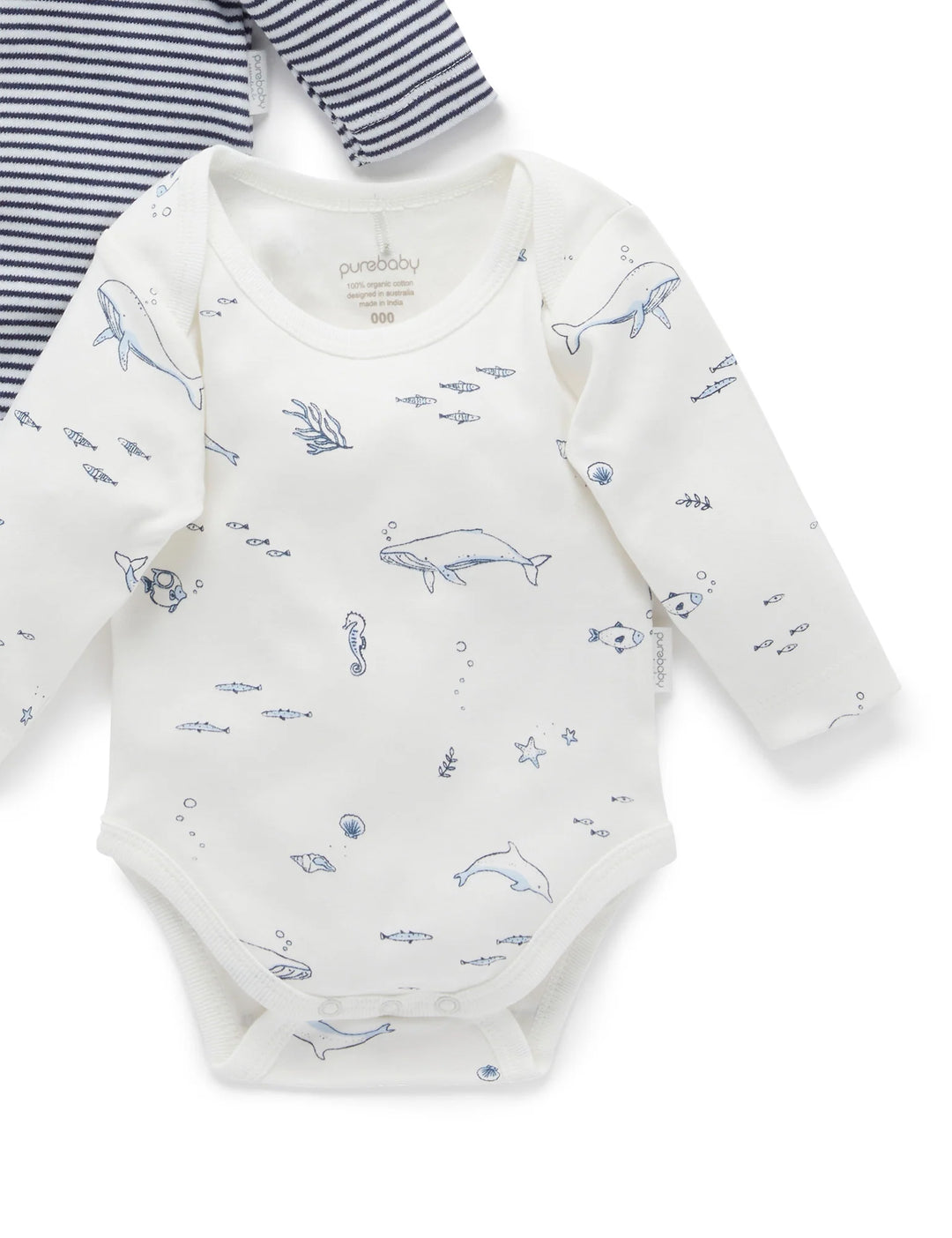 Purebaby Organic Easy Neck Long Sleeve Bodysuit 2 Pack - Vanilla Nautical