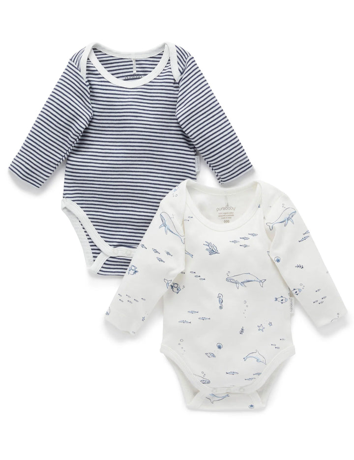 Purebaby Organic Easy Neck Long Sleeve Bodysuit 2 Pack - Vanilla Nautical