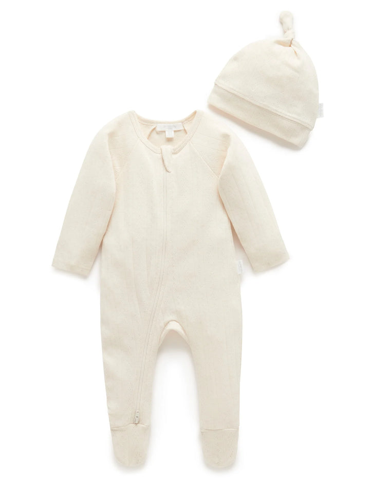 Purebaby Organic Pointelle Growsuit & Hat Set - Wheat Melange