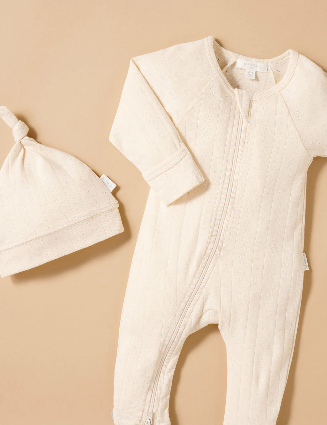 Purebaby Organic Pointelle Growsuit & Hat Set - Wheat Melange