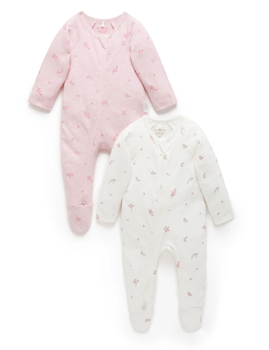 Purebaby Organic Zip Growsuit 2 Pack - Pale Pink Blossom