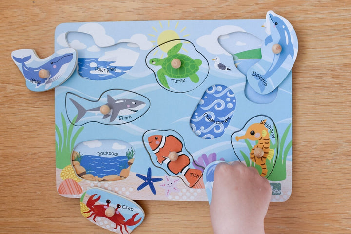 Sea Animals and Habitats Wooden Peg Puzzle