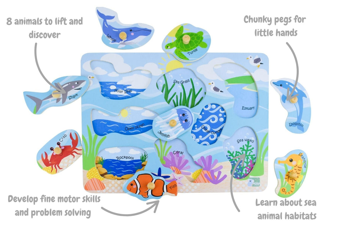 Sea Animals and Habitats Wooden Peg Puzzle