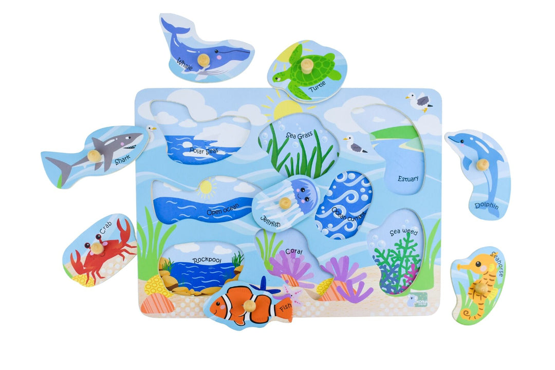 Sea Animals and Habitats Wooden Peg Puzzle