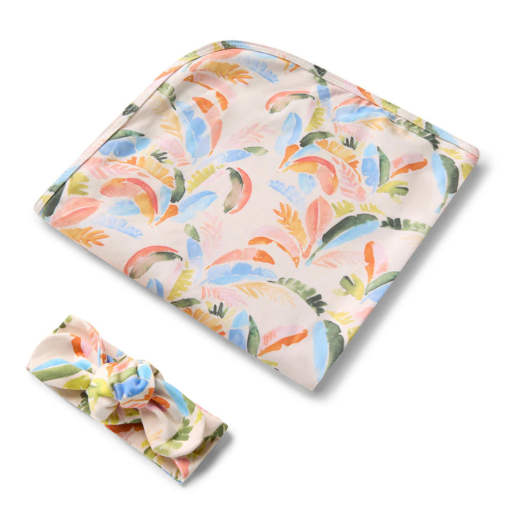 Snuggle Hunny Baby Jersey Wrap & Topknot Set - Summer Palm