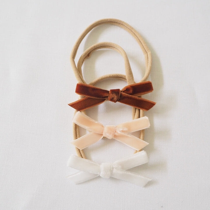 Snuggle Hunny Velvet Bow Headband Bundle - Toffee, White & Lychee