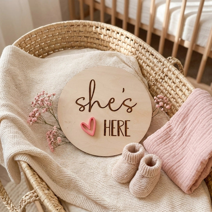 Wooden Announcement Plaque - She's Here