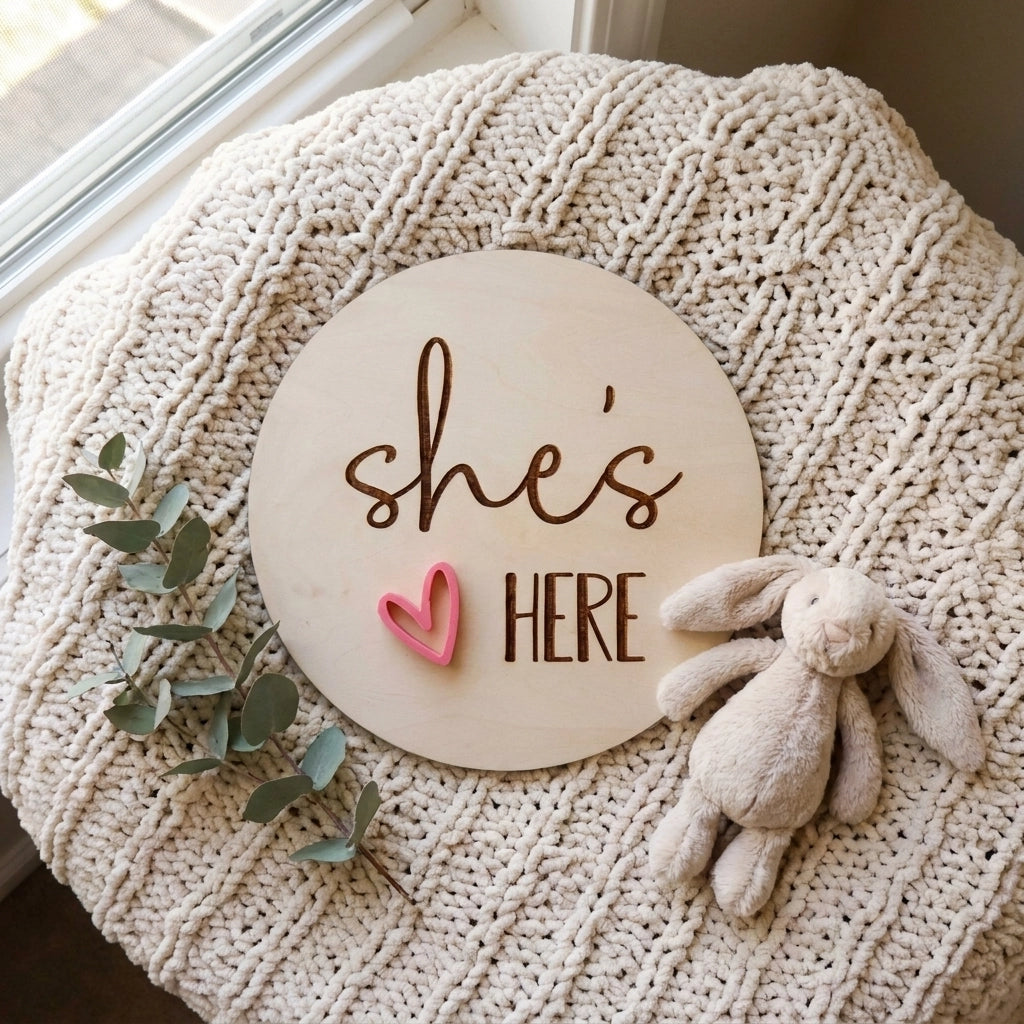 Wooden Announcement Plaque - She's Here