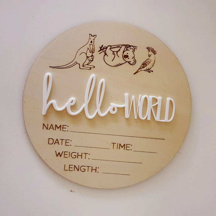 Wooden Announcement Plaque - Hello World Australian Animals