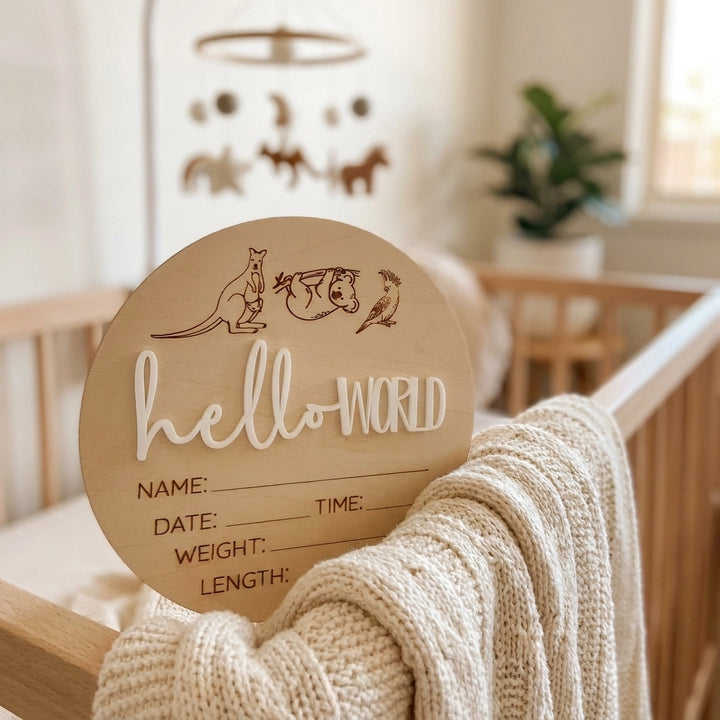 Wooden Announcement Plaque - Hello World Australian Animals