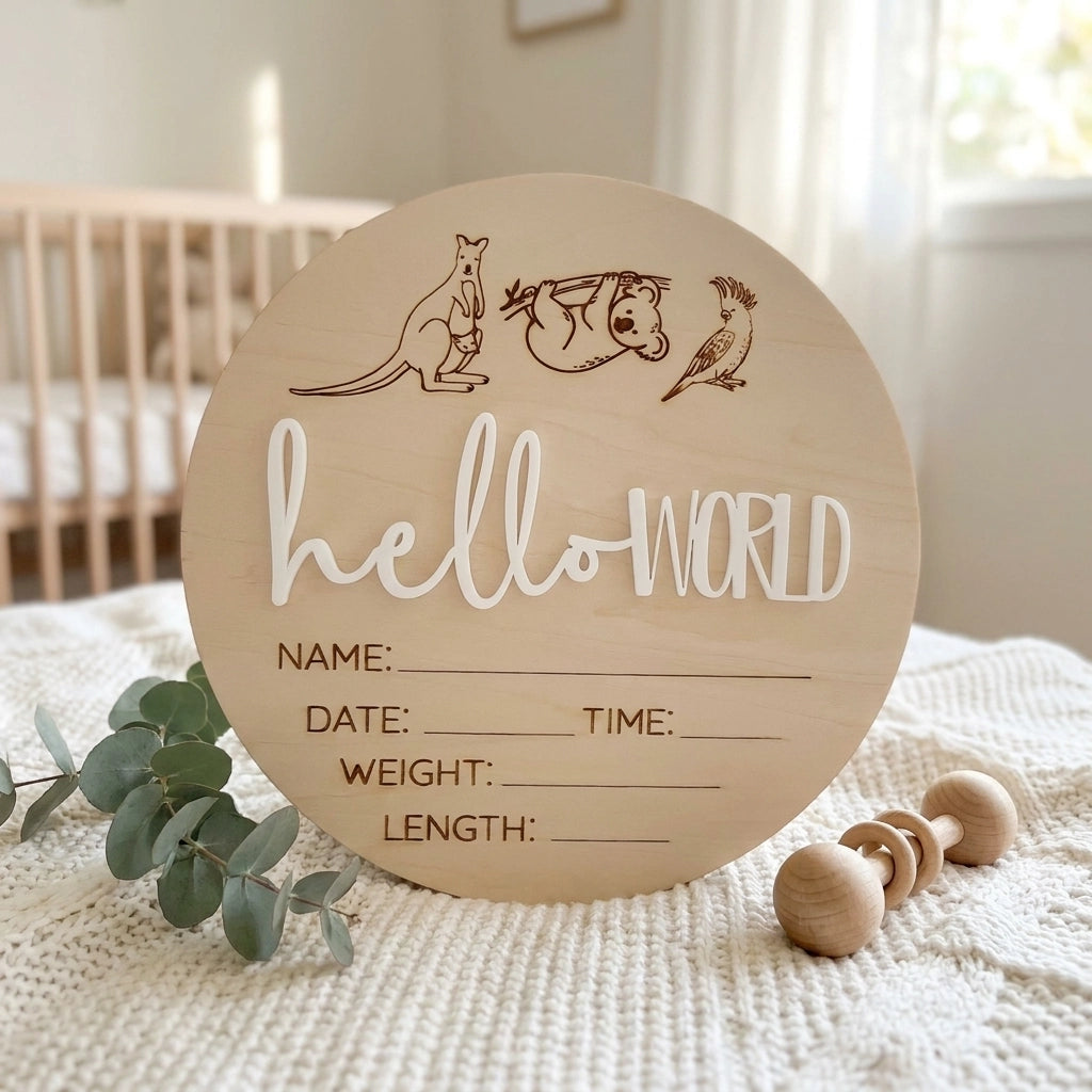 Wooden Announcement Plaque - Hello World Australian Animals