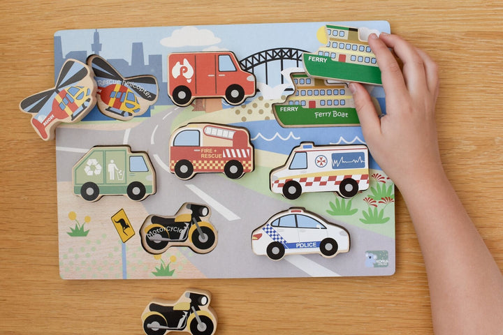 Wooden Chunky Aussie Transport Vehicle Puzzle/Playset