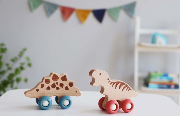 Wooden Ecowheels Dinosaur Movers Set - Tyrannosaurus and Stegosaurus