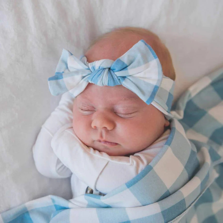 Copper Pearl Adjustable Knit Headband - Baby Blue Gingham