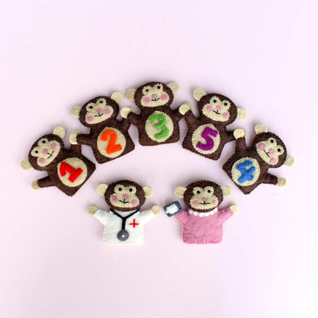 Handmade Felt Finger Puppet Set - Five Little Monkeys