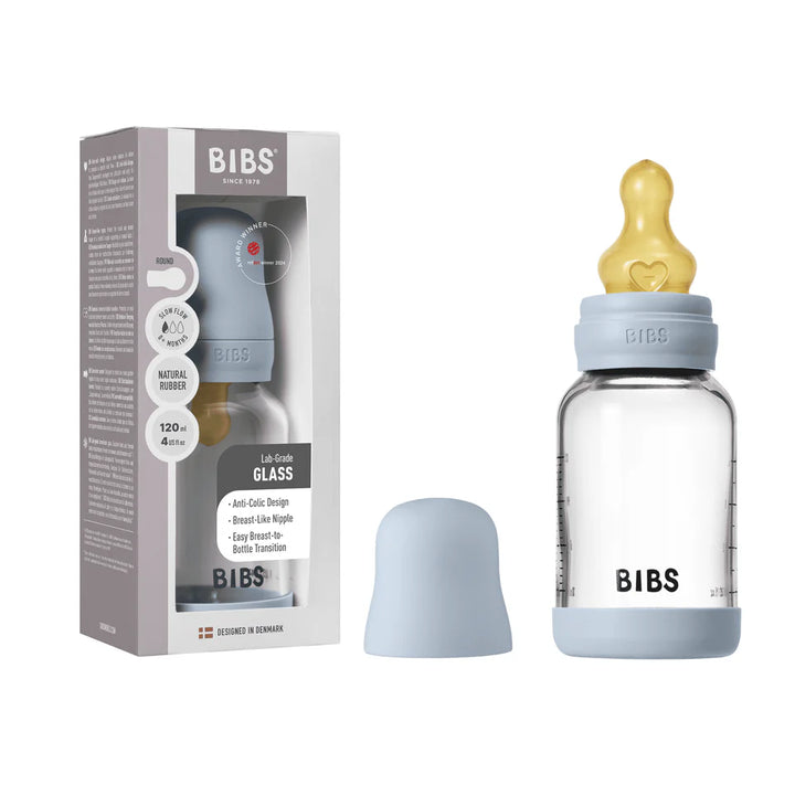 NEW BIBS 120ml Baby Glass Bottle The Complete Set  | Baby Blue
