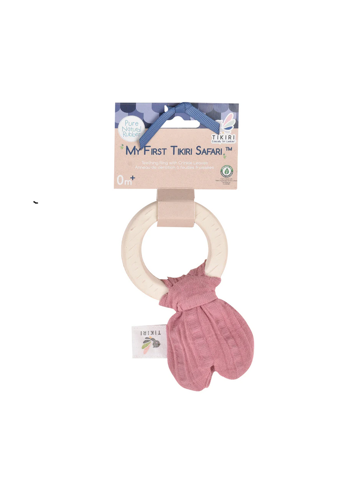Tikiri Natural Rubber Teether & Crinkle Toy - Dusty Pink Muslin Tie