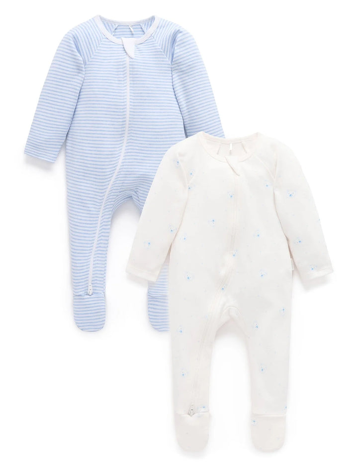 Purebaby Organic Zip Growsuit 2 Pack - Pale Blue Bear