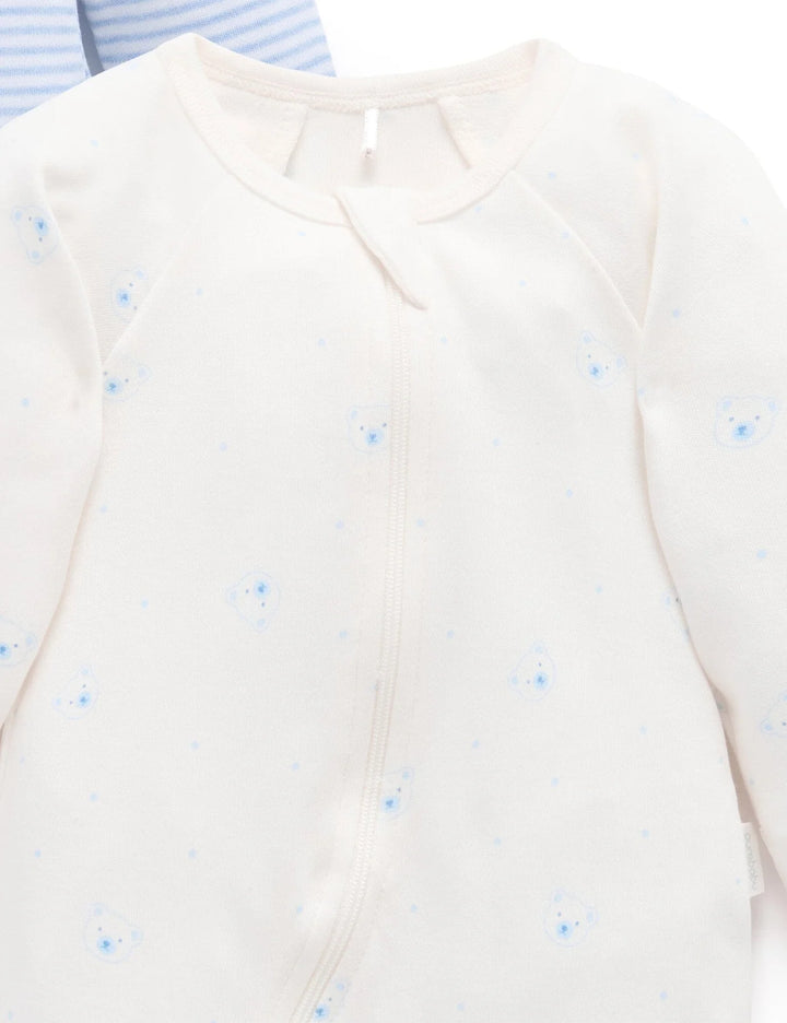 Purebaby Organic Zip Growsuit 2 Pack - Pale Blue Bear