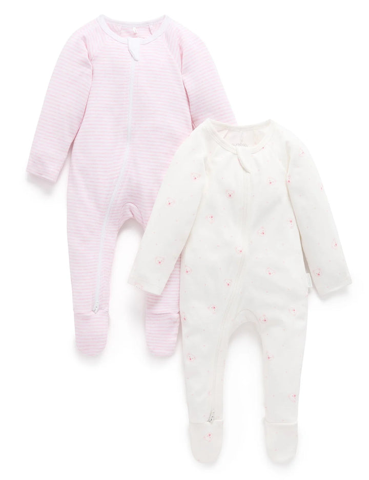 Purebaby Organic Zip Growsuit 2 Pack - Pale Pink Bear