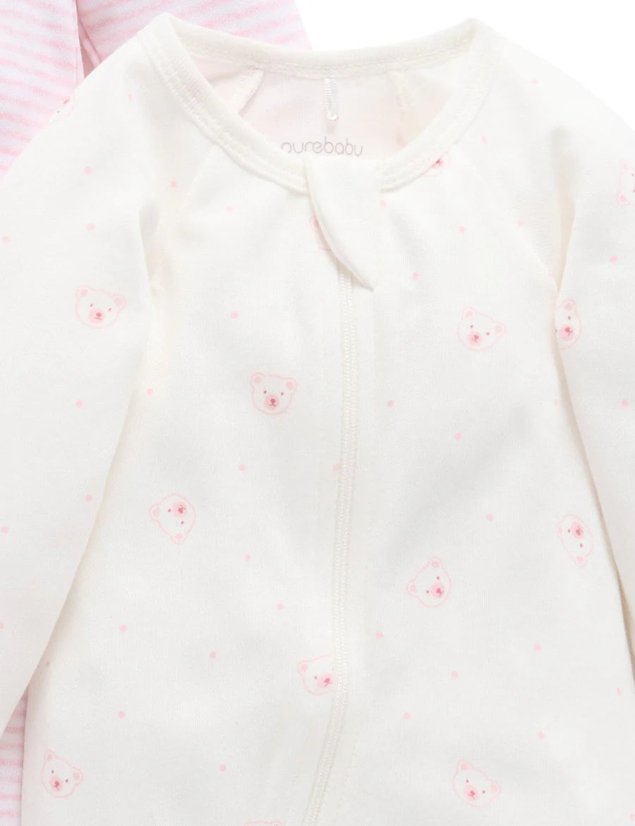 Purebaby Organic Zip Growsuit 2 Pack - Pale Pink Bear