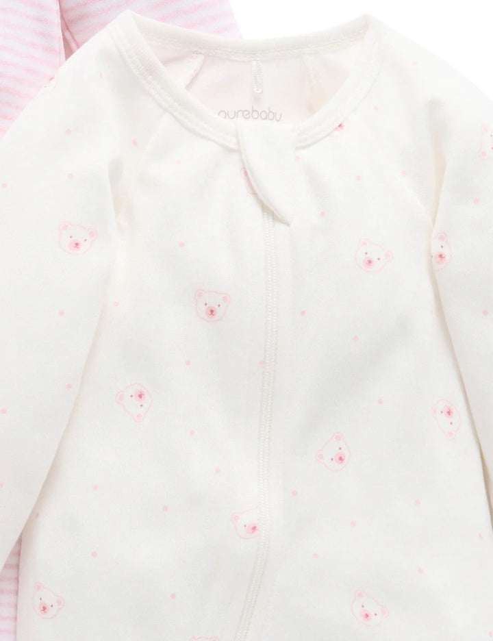Purebaby Organic Zip Growsuit 2 Pack - Pale Pink Bear