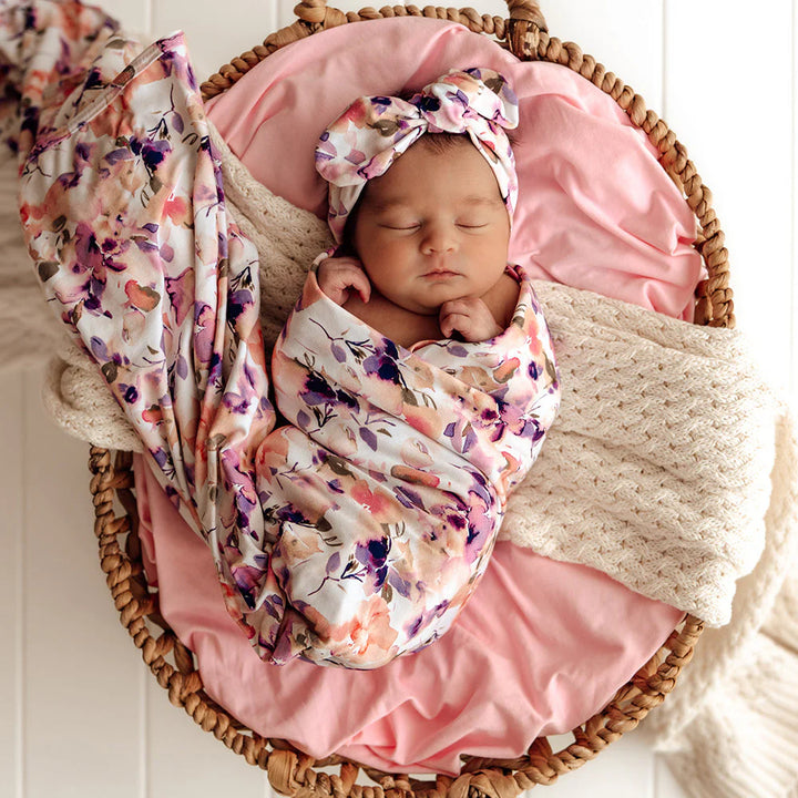 Snuggle Hunny Baby Jersey Wrap & Topknot Set - Blushing Beauty