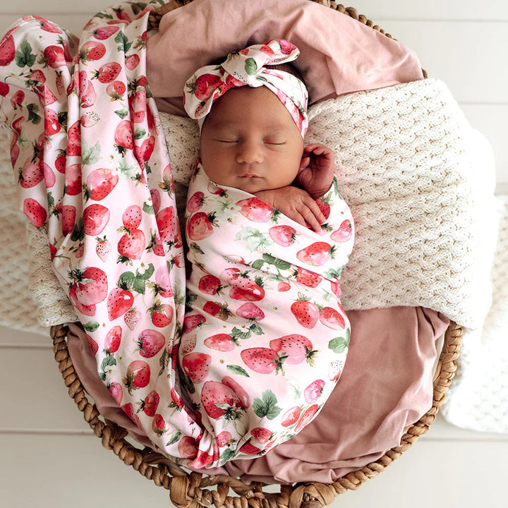 Snuggle Hunny Baby Jersey Wrap & Topknot Set - Strawberry