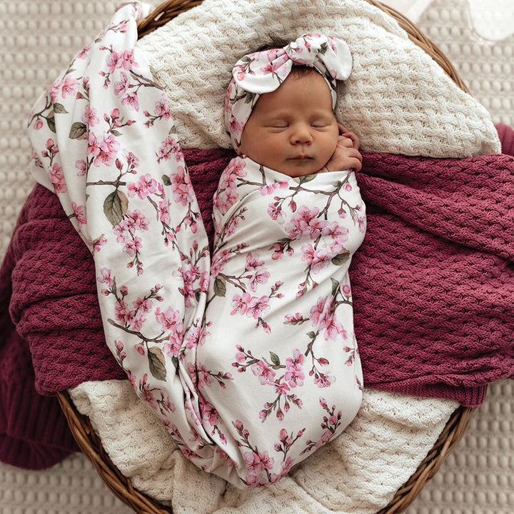 Snuggle Hunny Baby Jersey Wrap & Topknot Set - Cherry Blossom