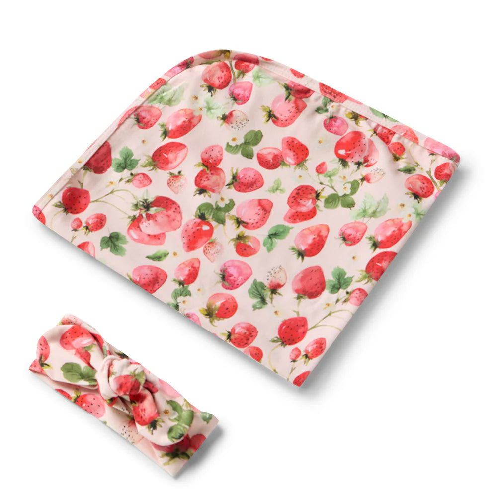 Snuggle Hunny Baby Jersey Wrap & Topknot Set - Strawberry
