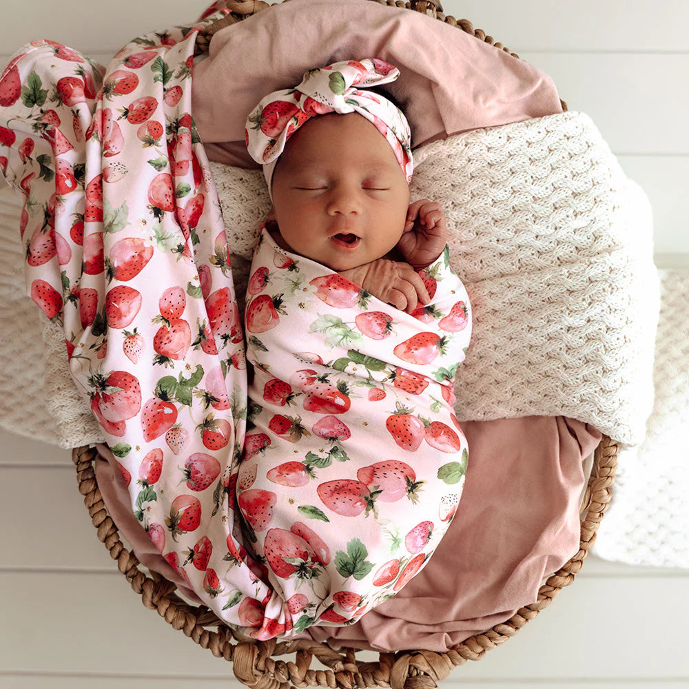 Snuggle Hunny Baby Jersey Wrap & Topknot Set - Strawberry