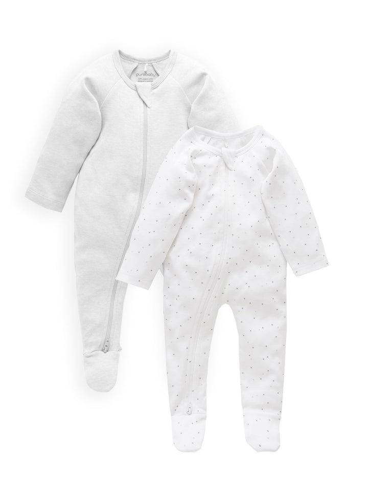 Purebaby Organic Zip Growsuit 2 Pack - Grey Spots & Grey Mélange