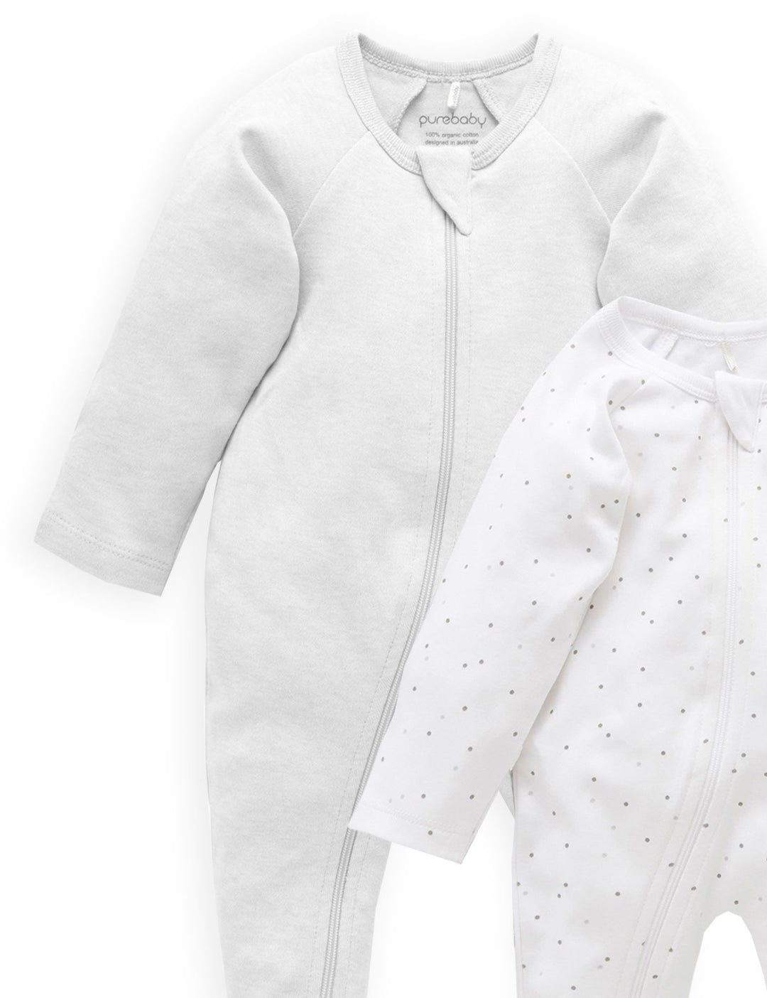 Purebaby Organic Zip Growsuit 2 Pack - Grey Spots & Grey Mélange