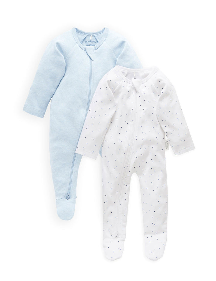 Purebaby Organic Zip Growsuit 2 Pack - Pale Blue & Spots