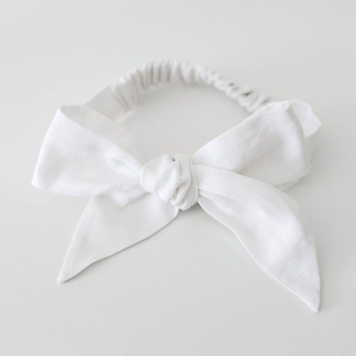 Snuggle Hunny Linen Bow Pre-Tied Headband - White