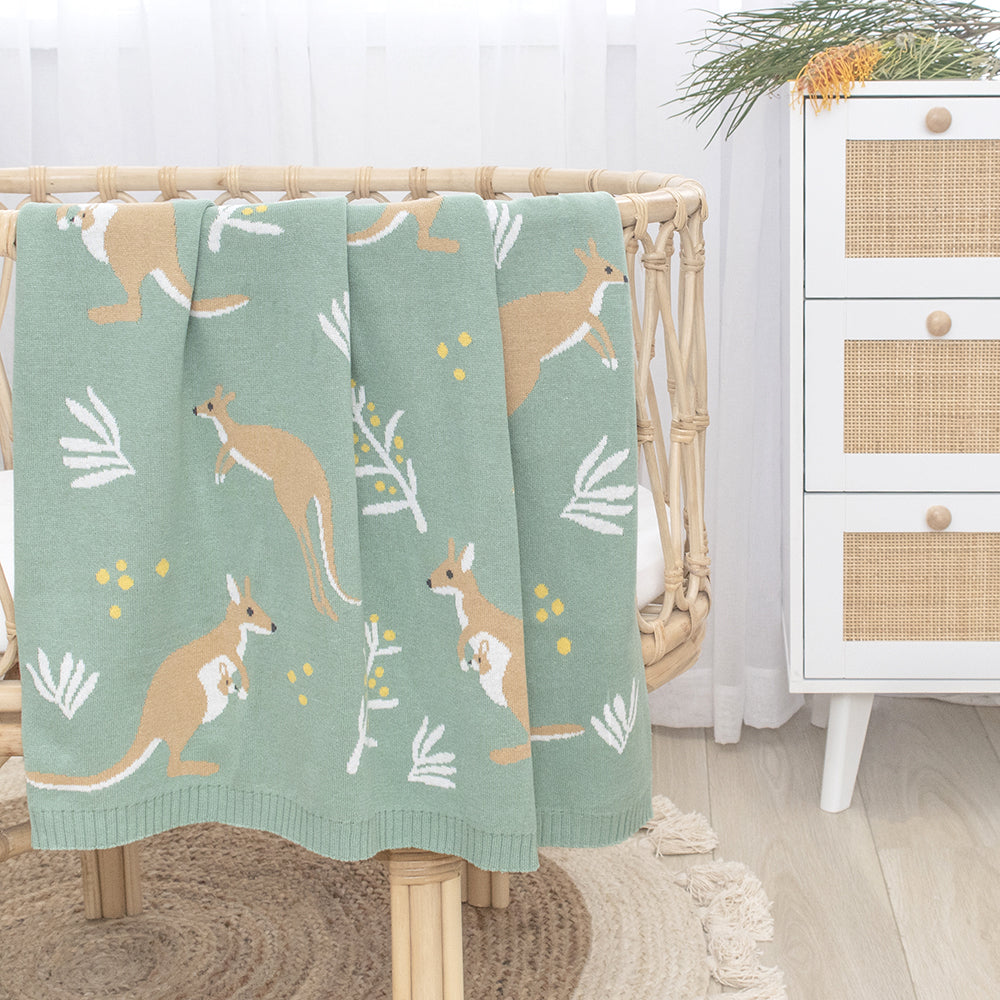 Cotton Knit Australiana Baby Blanket - Green Kangaroo
