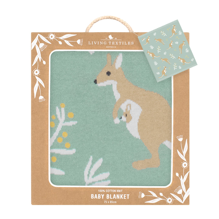 Cotton Knit Australiana Baby Blanket - Green Kangaroo