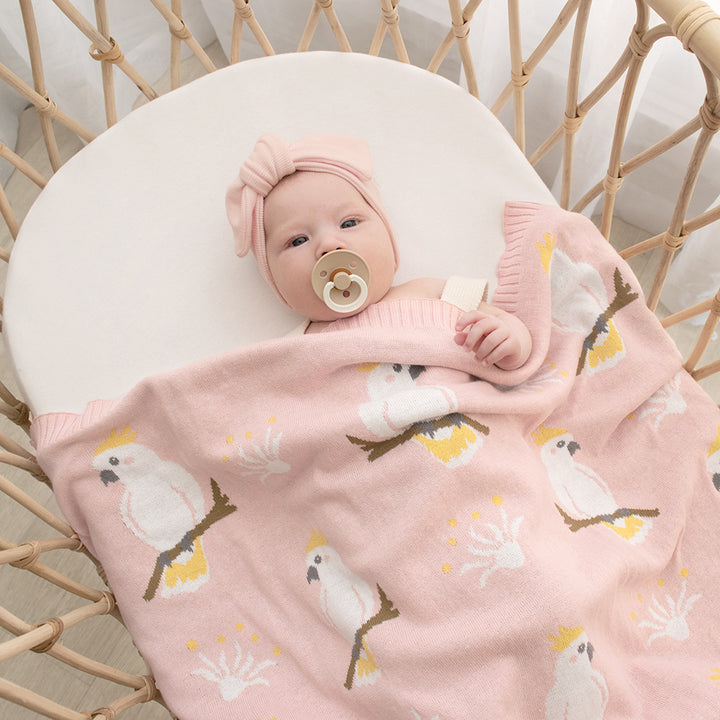 Cotton Knit Australiana Baby Blanket - Blush Cockatoo