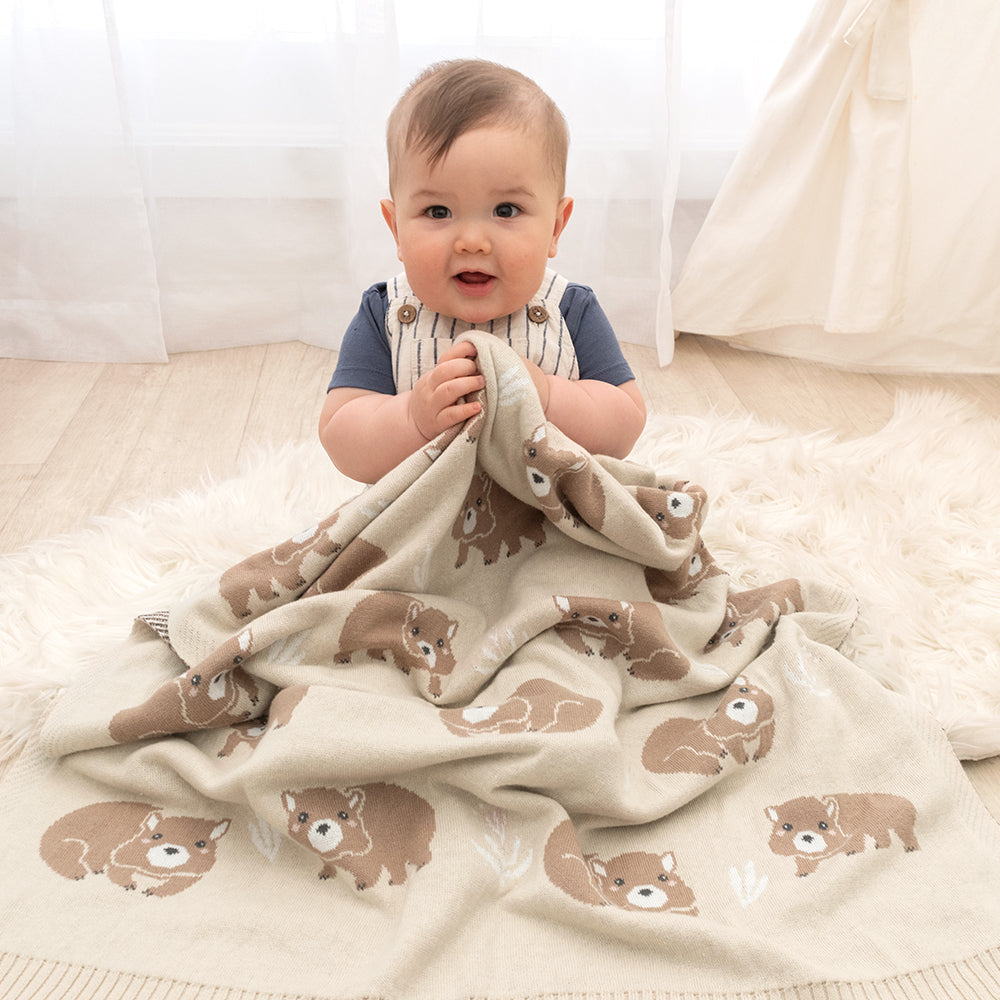 Cotton Knit Australiana Baby Blanket - Fawn Wombat